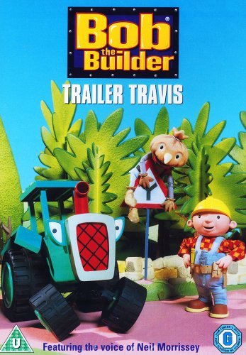 Bob the Builder and Travis the tractor on a DVD cover with green foliage.