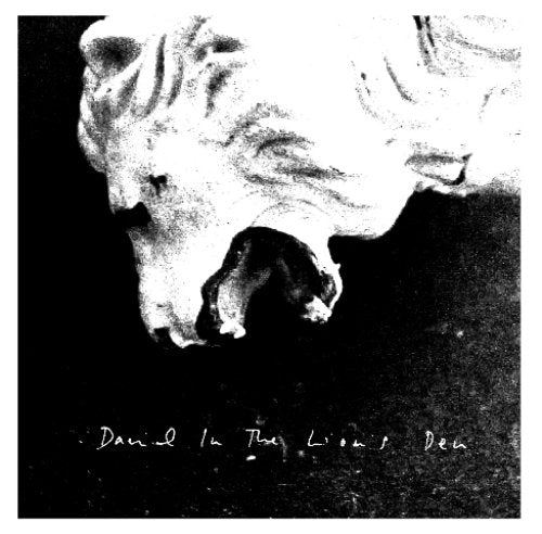 Black and white image of a lion’s face with text “Daniel in The Lions Den”.