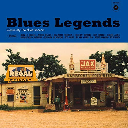 Blues Legends" vinyl album cover featuring a rural roadside scene.