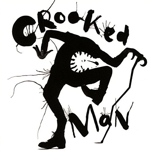 Black silhouette of a contorted figure with a clock for a torso.