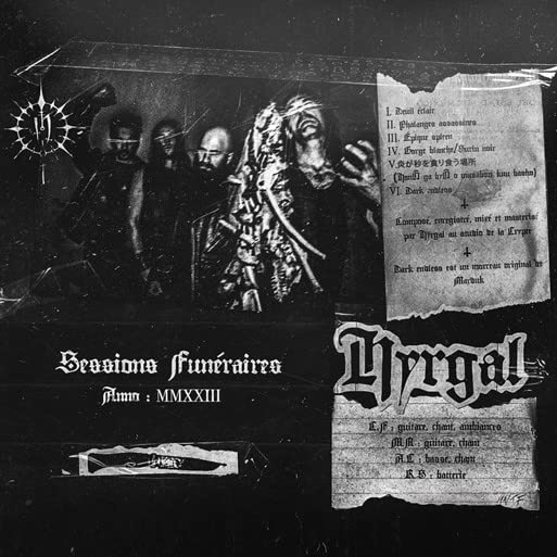 Black and white CD cover for Hyrgal’s “Sessions Funéraires” with gothic imagery.