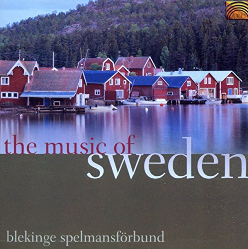 CD cover with red Swedish houses on a calm waterfront.