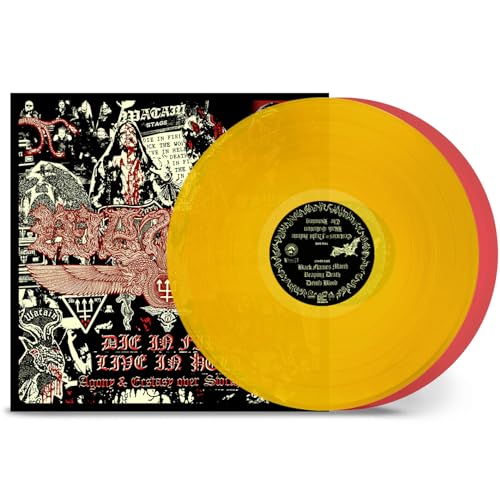 Watain "Die in Fire" vinyl record, yellow with red edges, album art shown.