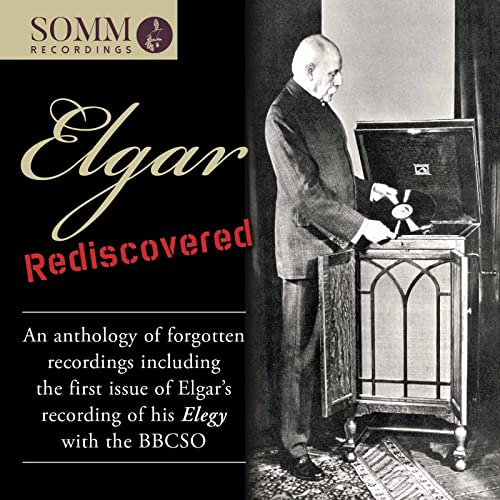 CD cover for "Elgar Rediscovered" featuring a vintage gramophone and portrait.