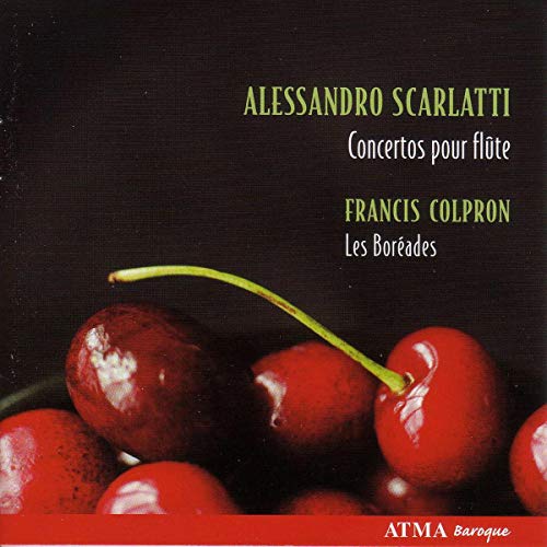 CD cover with dark background, cherries, and text: Scarlatti flute works.