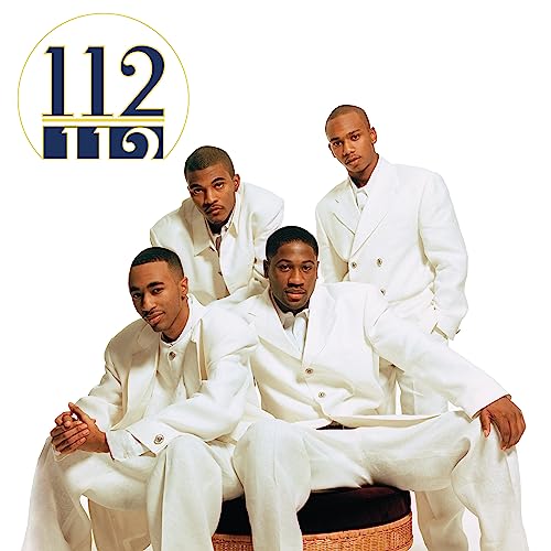 R&B group 112, four men in white suits, promotional album cover.