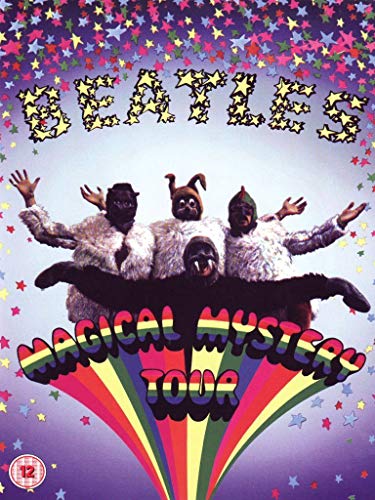 The Beatles in animal masks against a colorful, star-filled background.