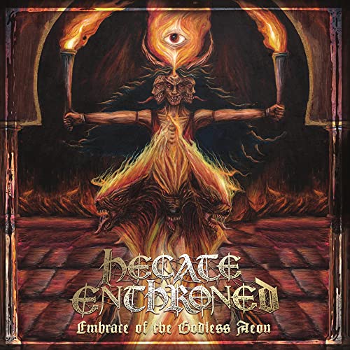 Dark fantasy album cover featuring a multi-headed, fiery figure with torches.