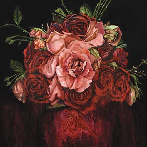Dark painting of a lush bouquet of red and pink roses.