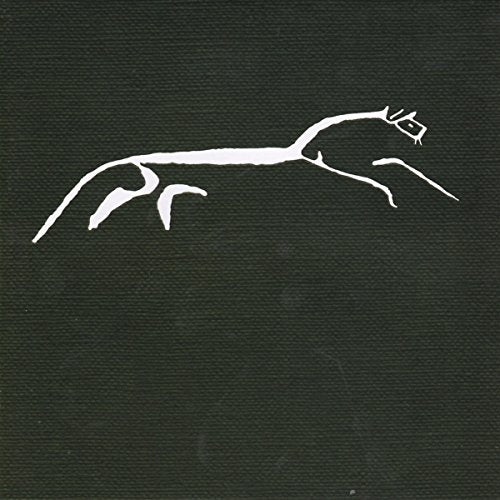 Dark green background with a white, primitive drawing of a horse.