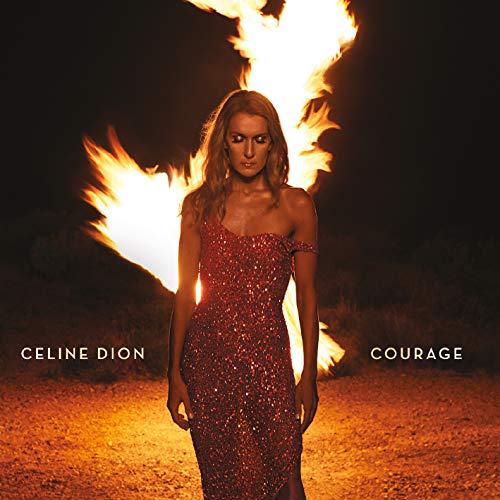 Céline Dion stands in a red sequined dress in front of large flames at night.