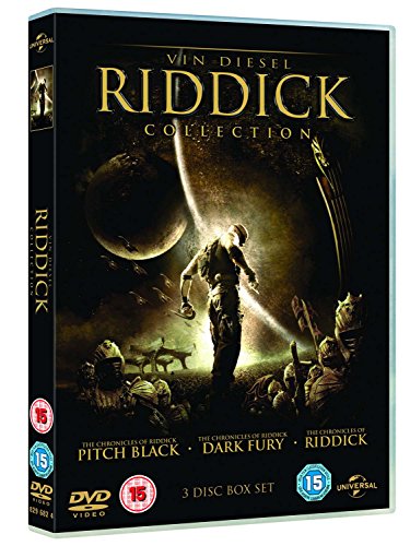 DVD box set cover for the Riddick Collection featuring Vin Diesel against a space background.