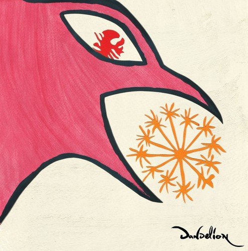 Pink bird head with orange dandelion emerging from its open mouth.