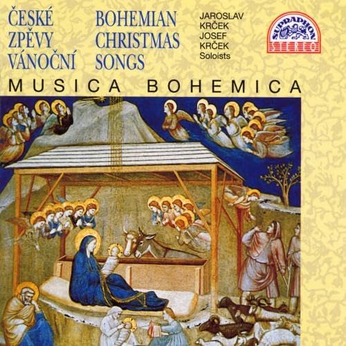 CD cover: Nativity scene with angels and musicians in a rustic style.