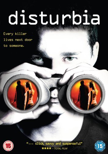 Man looking through binoculars with silhouettes of people in the lenses, black background.