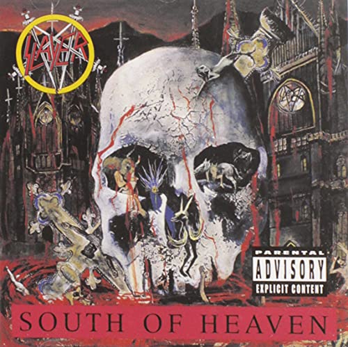 Slayer South of Heaven album cover featuring a large skull, crosses, and gothic architecture.