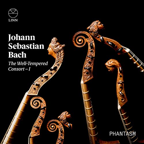 CD cover for Bach’s “The Well-Tempered Consort” featuring violin scrolls.
