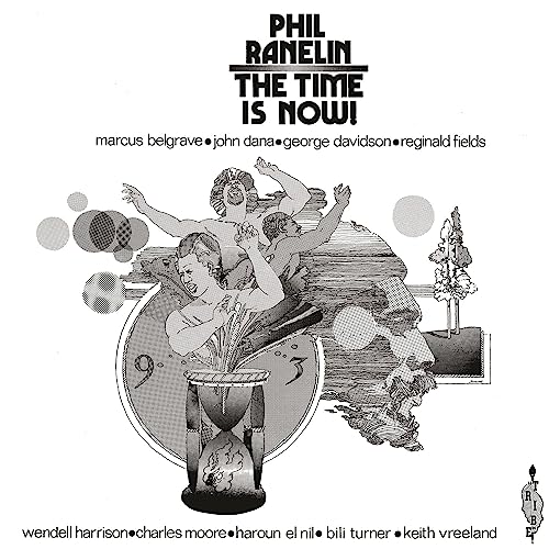 Black and white vinyl record cover with illustrated figures and landscape.