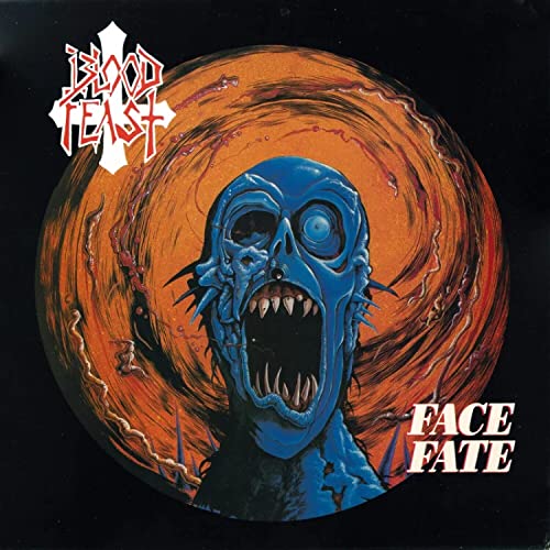 Vinyl record cover with a blue, screaming monster against an orange swirl.