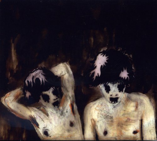 Dark, abstract painting of two pale figures with obscured faces.