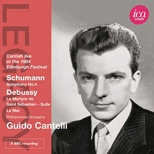 CD cover featuring portrait of conductor Guido Cantelli and red text.