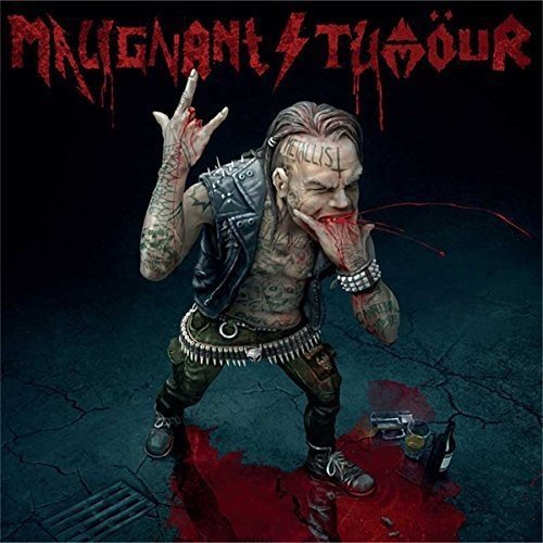 CD cover: Man with tattoos making the devil horns in blood.