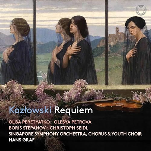 CD cover: veiled women in profile, flowers, violin, and text “Kozlowski Requiem”.