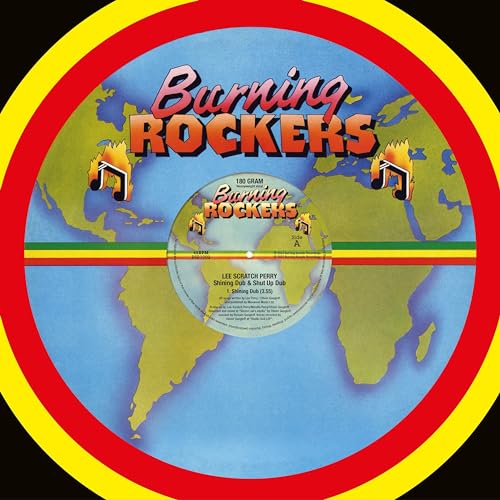 Lee Scratch Perry “Burning Rockers” vinyl record label with world map design.