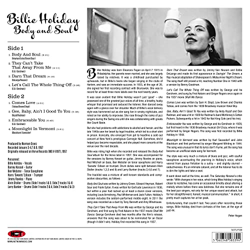 Red vinyl record cover for Billie Holiday’s “Body & Soul” album.