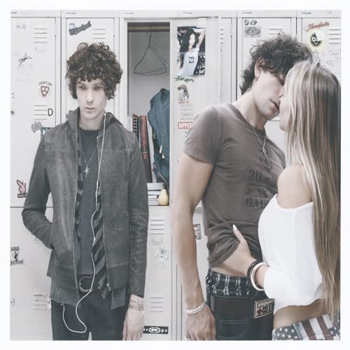 Two young people near school lockers, one with headphones, muted colors.