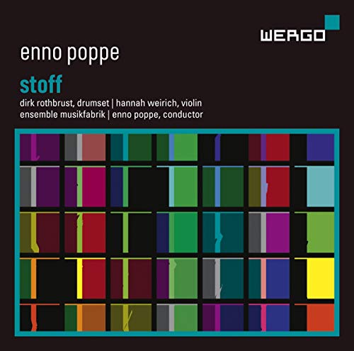 CD cover for Enno Poppe’s “Stoff” with abstract colorful grid pattern.