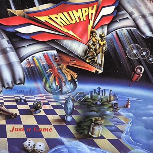 Album cover for Triumph’s “Just a Game” featuring a futuristic, chess-themed illustration.