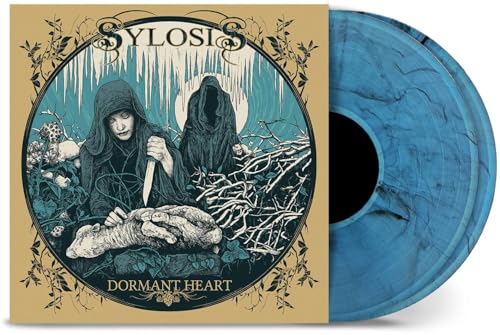 Sylosis album cover with hooded figures and a blue marbled vinyl record.