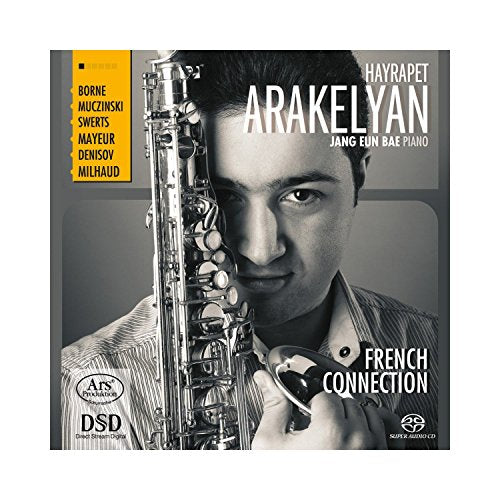 CD cover: saxophonist Hayrapet Arakelyan with his instrument and pianist Jang Eun Bae.