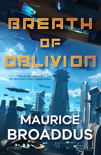 Book cover: futuristic cityscape with spaceships, title “Breath of Oblivion”.