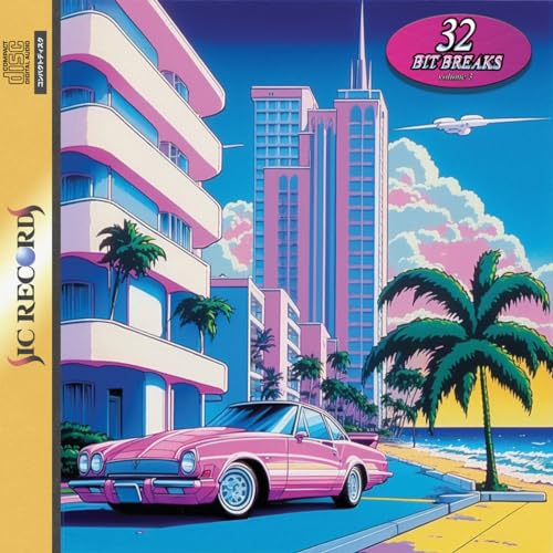 Vinyl record cover: pink cityscape, car, and palm trees in retro style.