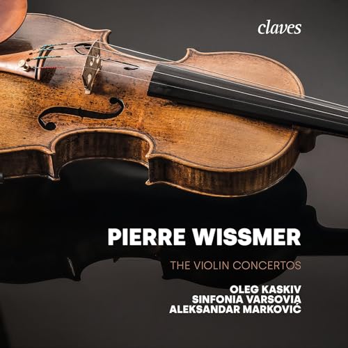 Close-up of a violin with text naming composers and performers.