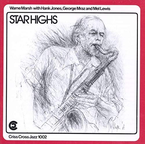 Sketch of Warne Marsh playing saxophone on album cover, red border.