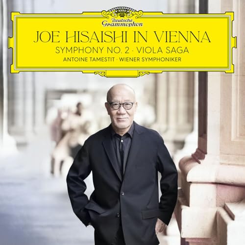 CD cover featuring Joe Hisaishi portrait in front of classical columns.