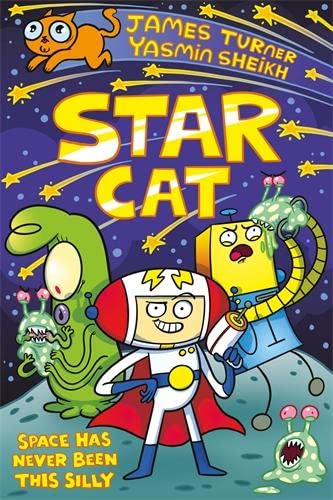Book cover featuring a cartoon astronaut, a yellow robot, and aliens in outer space.