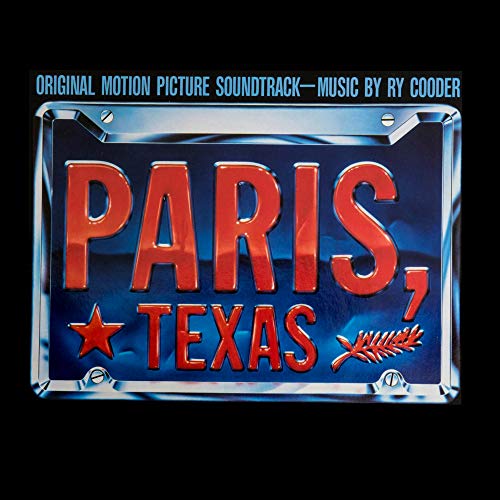 Paris, Texas" soundtrack CD cover resembling a blue Texas license plate.