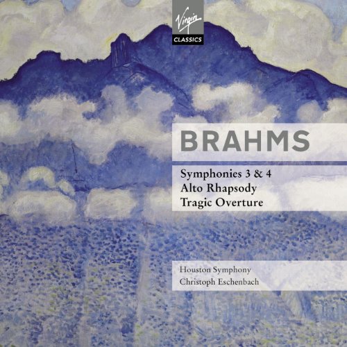 CD cover for Brahms symphonies with a blue, cloudy mountain landscape.