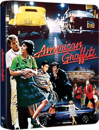 American Graffiti" Blu-ray cover featuring cars, people, and a diner scene.
