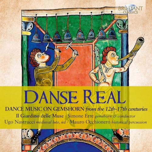 CD cover: Medieval illustration of musicians playing horns and lute.