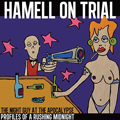 Cartoon album cover: figures with a gun, bottles, and stars on purple.