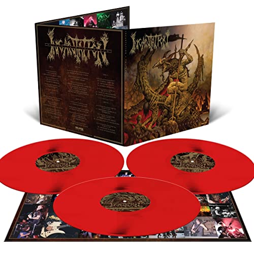 Open gatefold vinyl record album with three red vinyl discs and dark fantasy artwork.