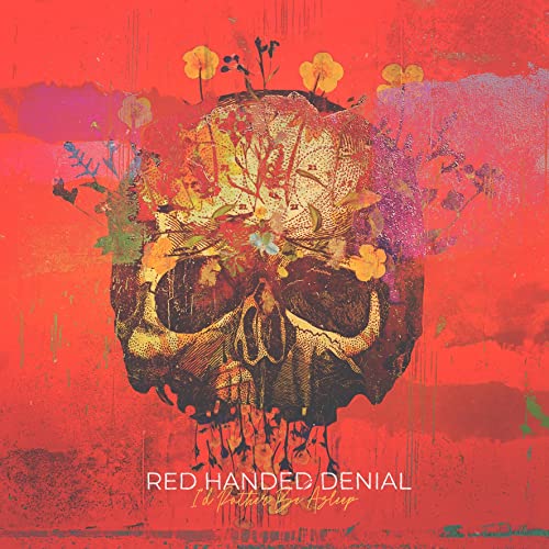 Skull covered in flowers against a red and pink textured background.