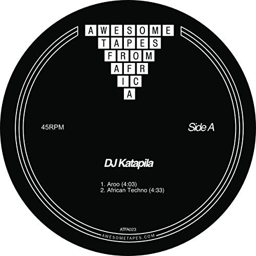 Black vinyl record label with white text: "DJ Katapila - Aroo", "Awesome Tapes From Africa".
