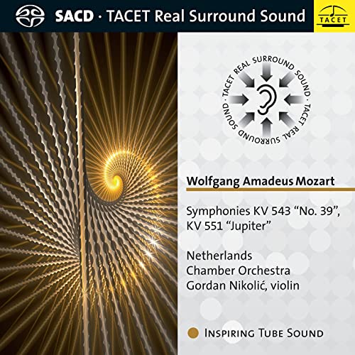 CD cover for Mozart symphonies by Netherlands Chamber Orchestra, gold spiral design.
