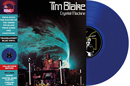 Blue vinyl record of Tim Blake’s “Crystal Machine” with album cover.